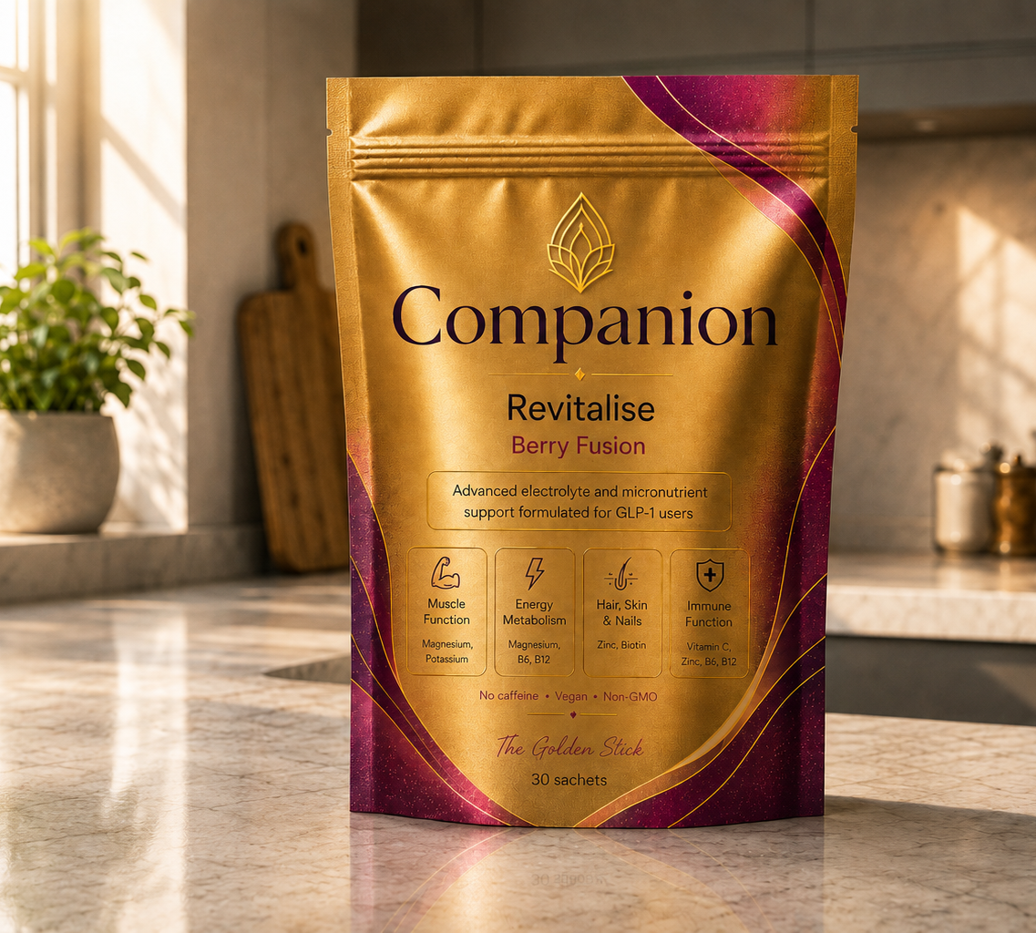 Companion Revitalise Berry Fusion pouch on a kitchen counter, 30 sachets